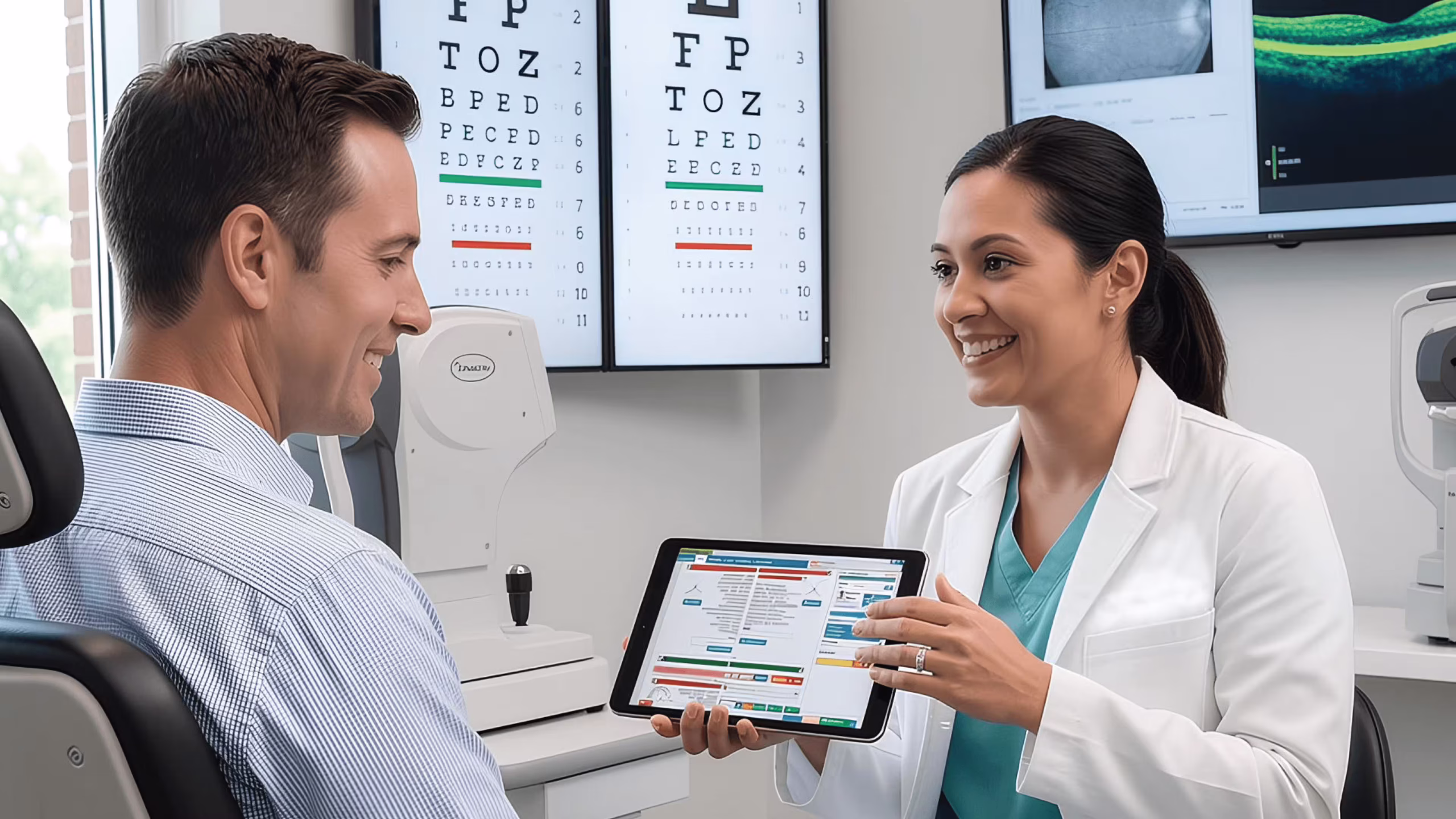 A modern ophthalmologist using a tablet with a patient, with digital charts in the background Ophthalmologist using GoodX software on tablet with patient in modern clinic