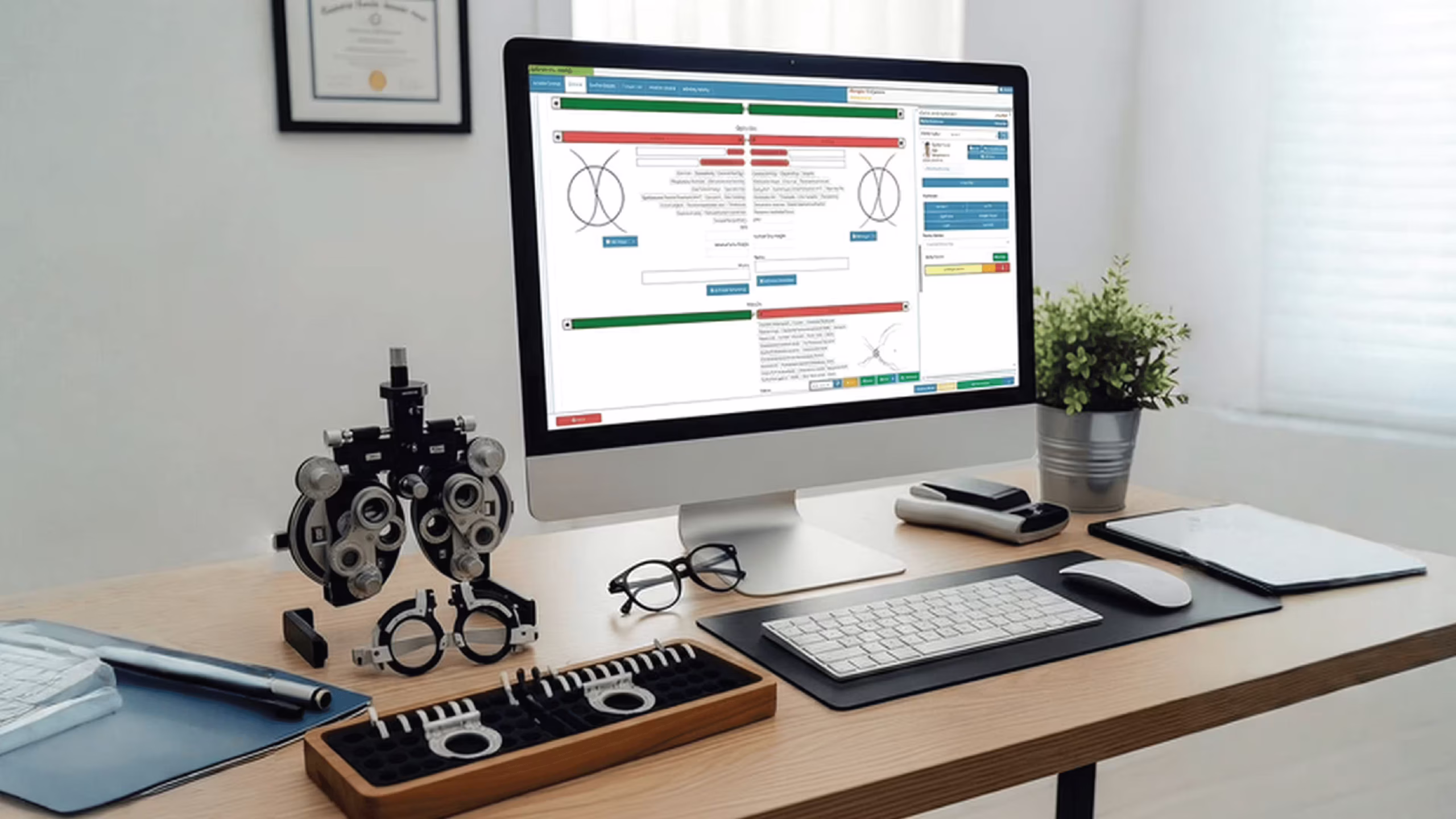 Dashboard view of ophthalmology software showing patient records, diagnostic images, and billing tools on screen