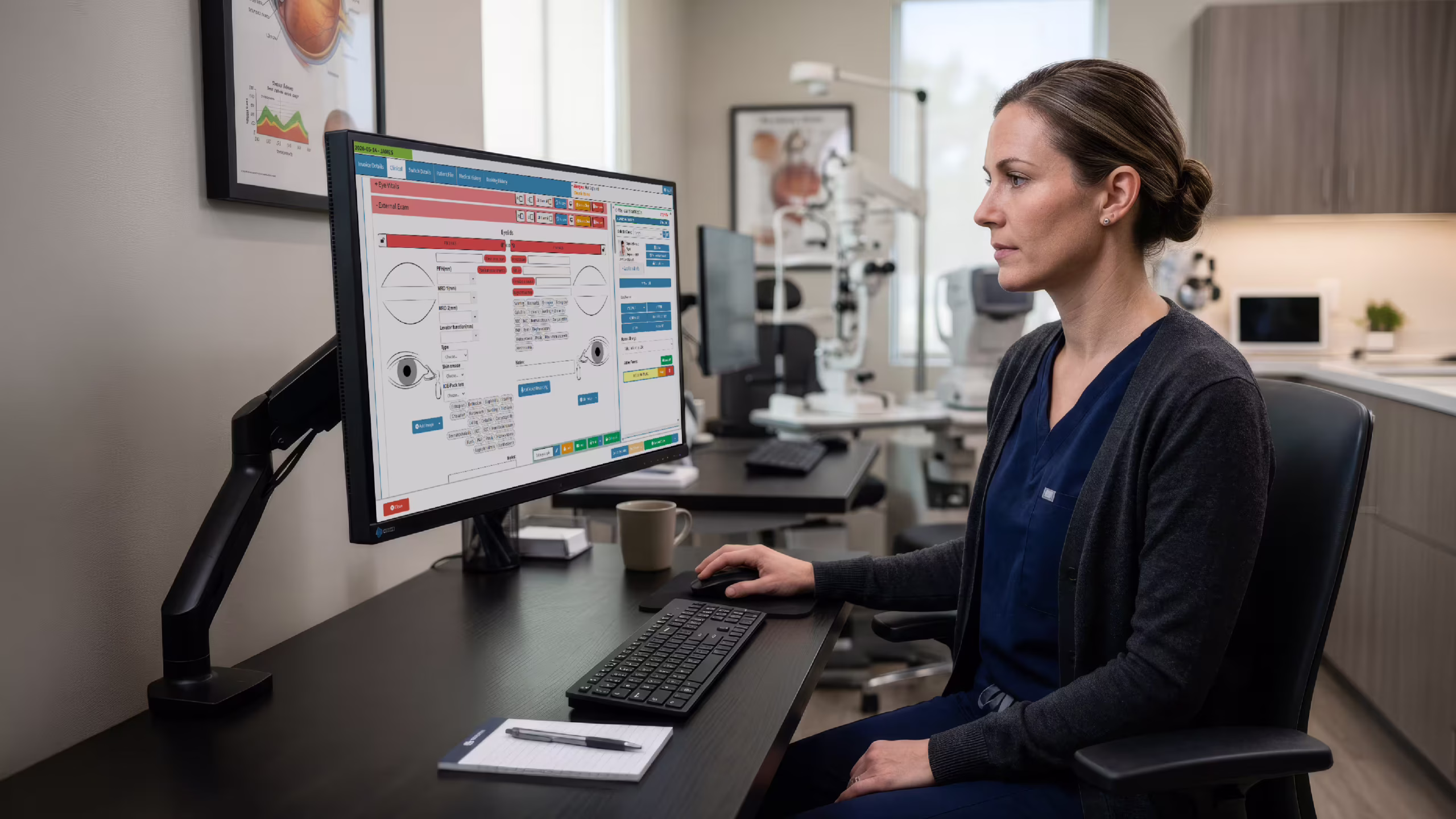 ai-in-ophthalmology-goodx Ophthalmologist reviewing AI-assisted retinal scan results on a monitor in a modern eye care clinic