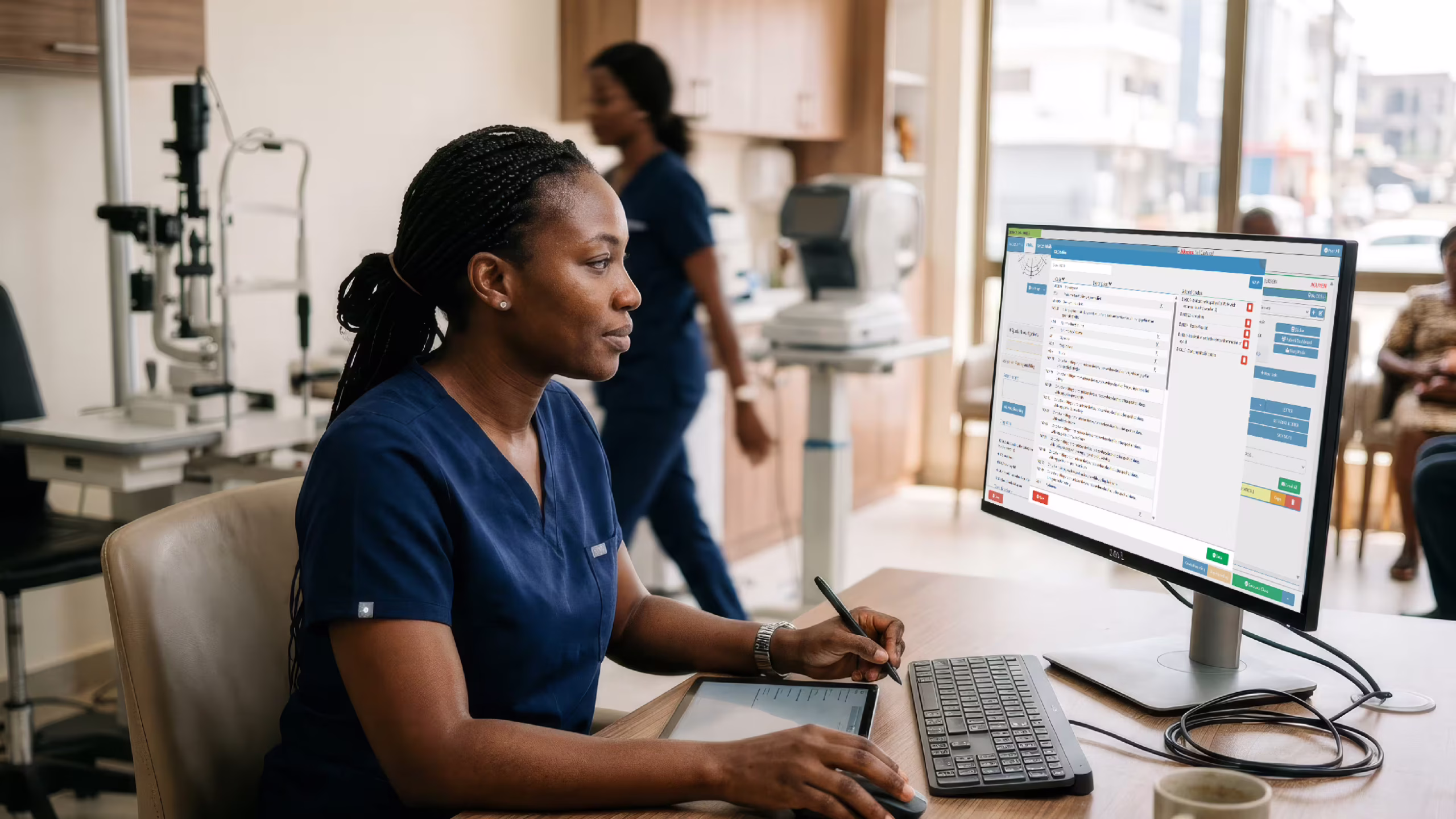 Ophthalmologist reviewing ICD-10 diagnosis codes on a workstation alongside retinal imaging in an eye care practice