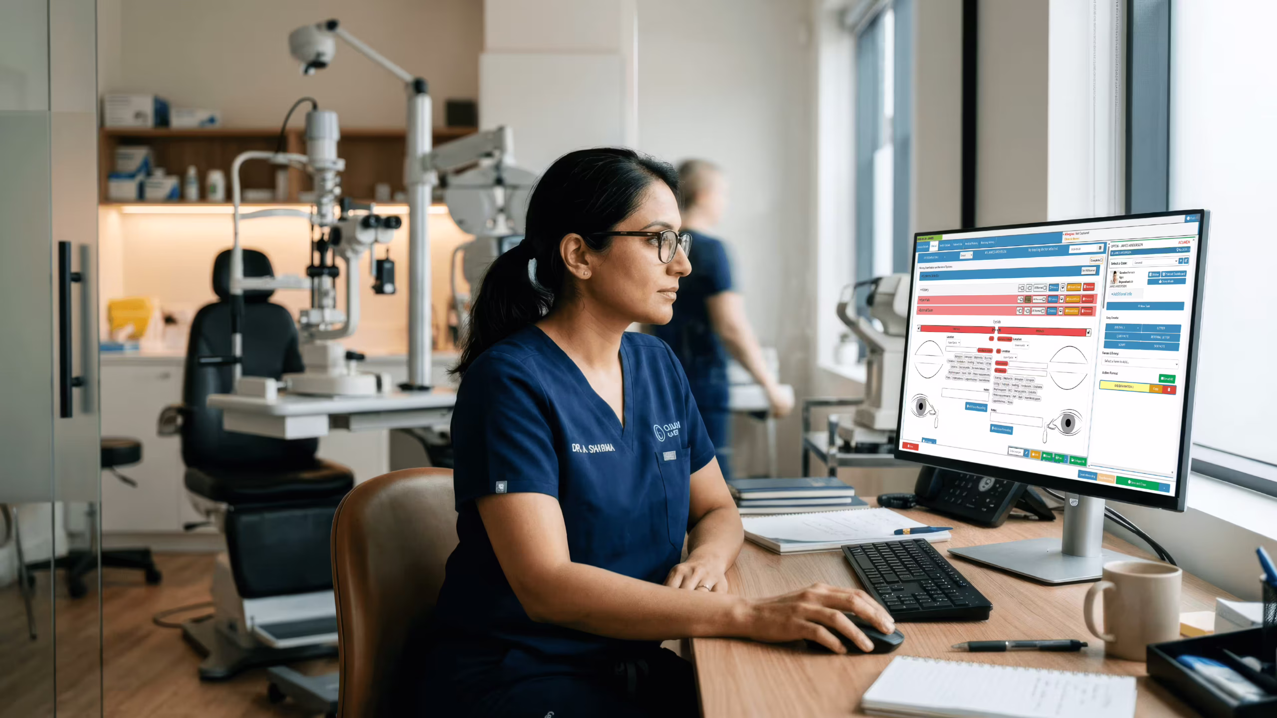 ophthalmology-practice-management-software Ophthalmologist using ophthalmology practice management software at a clinical workstation in a modern eye clinic
