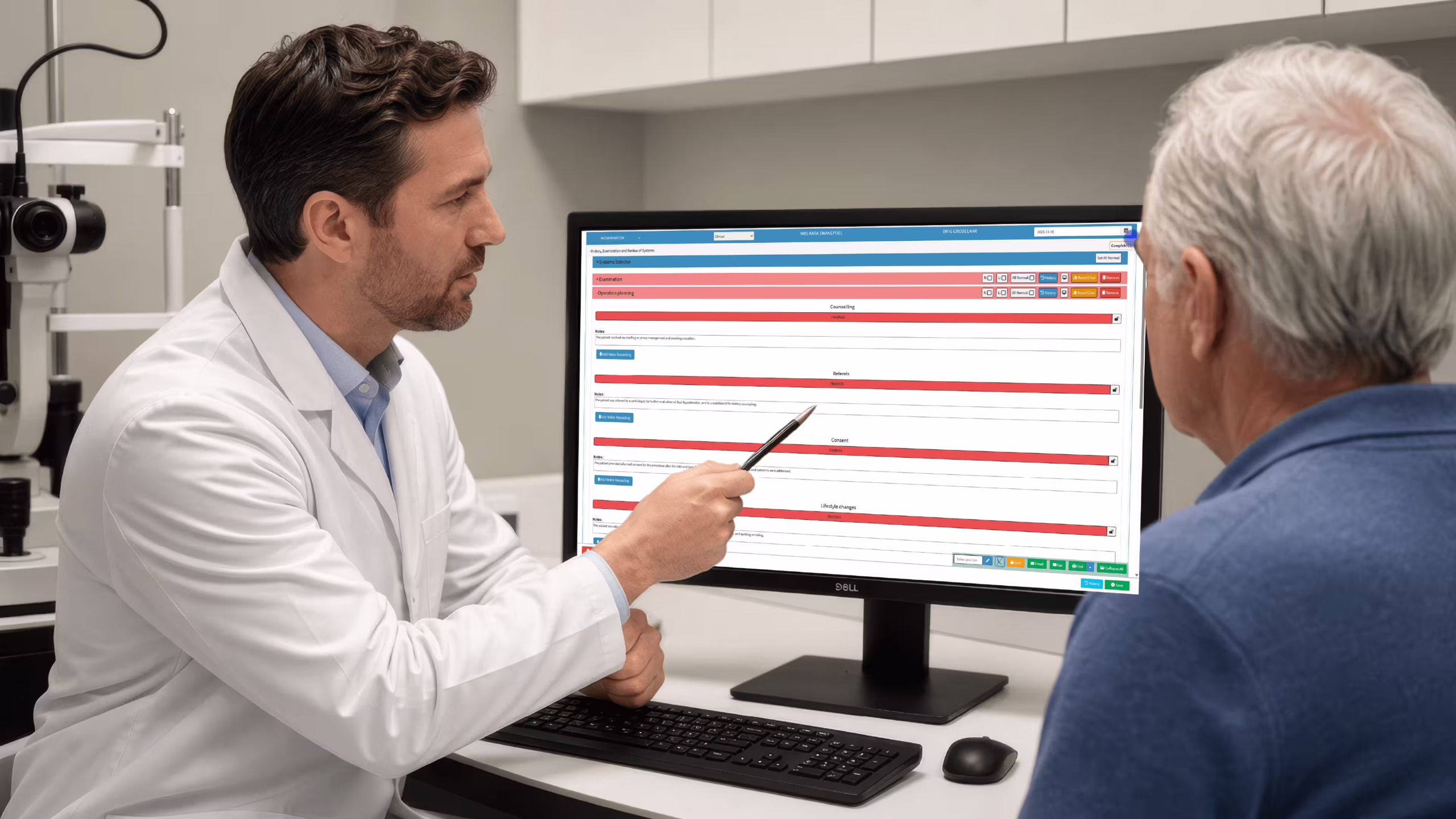 Ophthalmologist using AI in healthcare retinal screening tools on a screen during a clinic
