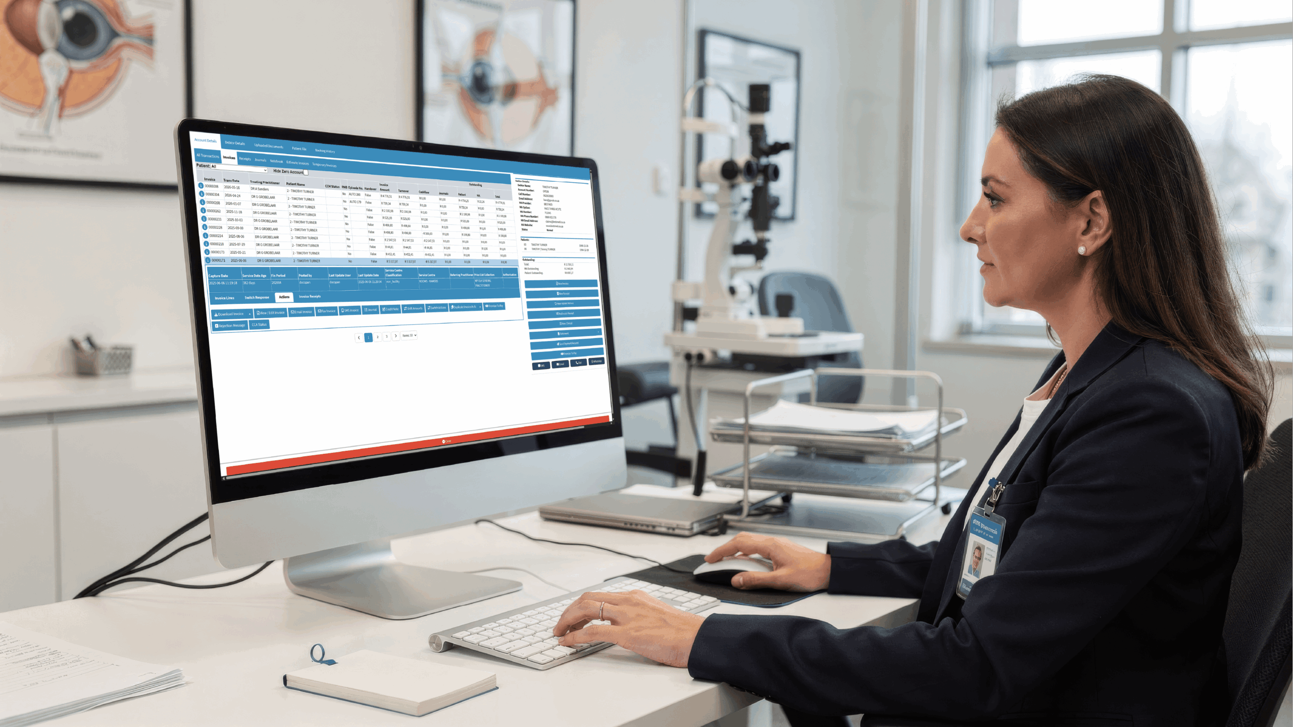 Biller handling billing for medical services in an ophthalmology practice on a billing screen